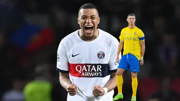 Kylian Mbappé screams with joy wearing an away PSG jersey while Cristiano Ronaldo looks dissatisfied wearing an Al Nassr jersey.