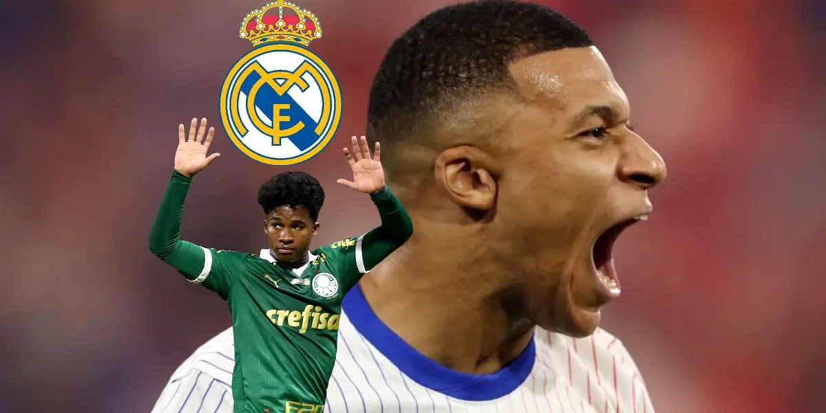 Kylian Mbappé screams with joy with a France jersey on while Endrick hold his hands up and the Real Madrid badge is above him. (Source: KM 10 Zone X, REUTERS)