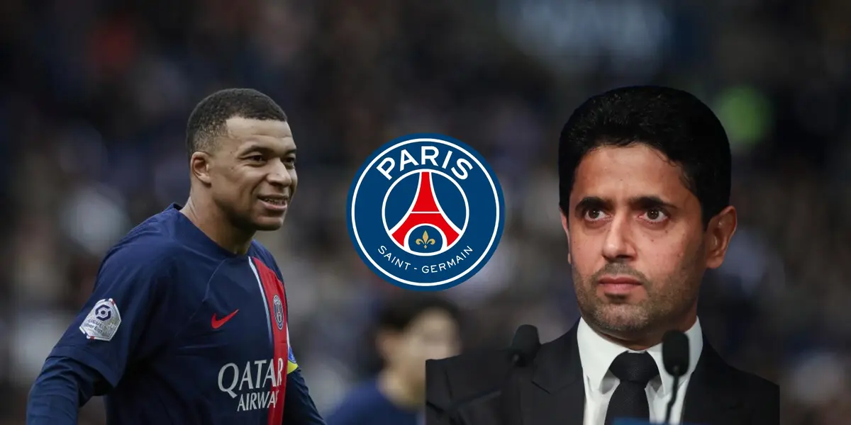 Kylian Mbappé slightly smiles with a PSG logo next to him and Nasser Al-Kelaifi looks serious.