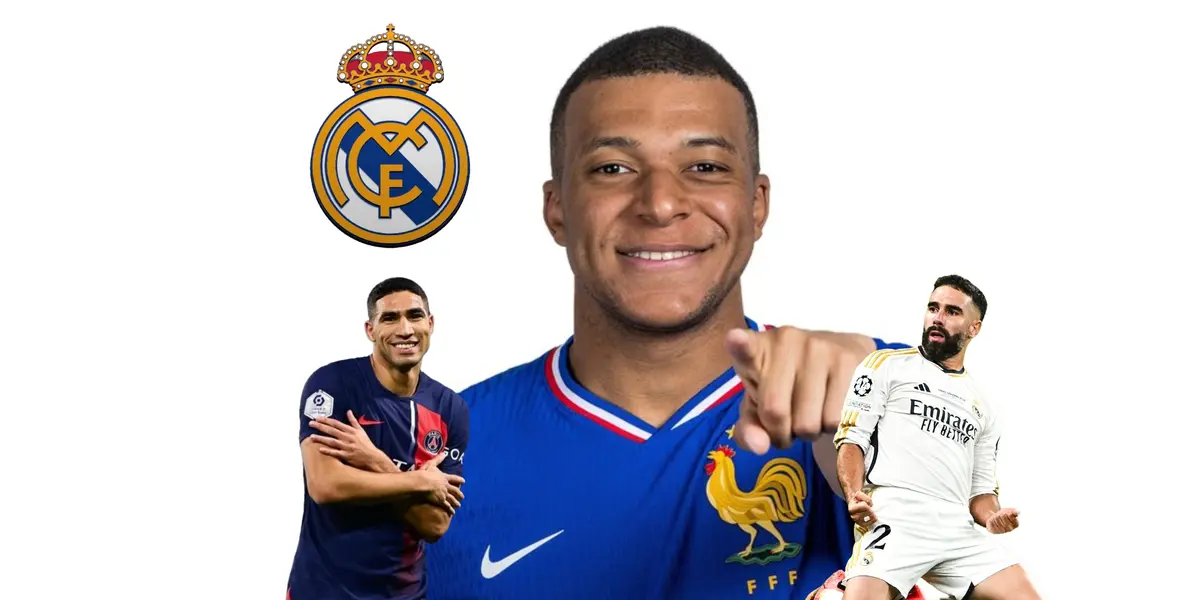 Kylian Mbappé smiels and points while wearing the France Kit and the Real Madrid badge is next to him. Hakimi and Carvajal is next to him. (Source: EURO 2024 X, X)