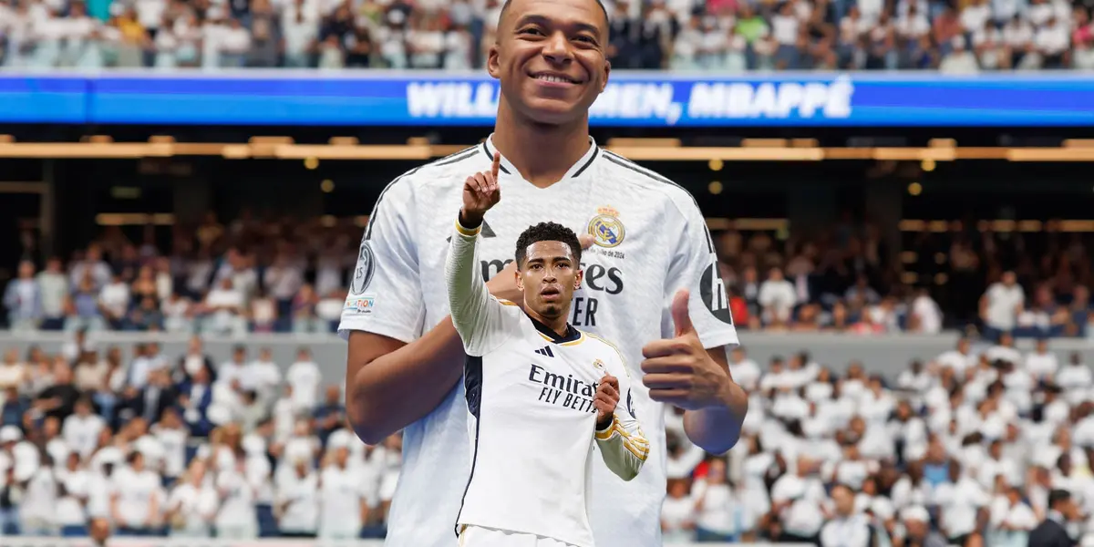 Kylian Mbappé smiles and points at the Real Madrid badge while Jude Bellingham points and holds the Real Madrid badge on his jersey. (Source: Real Madrid, Jude Bellingham X)