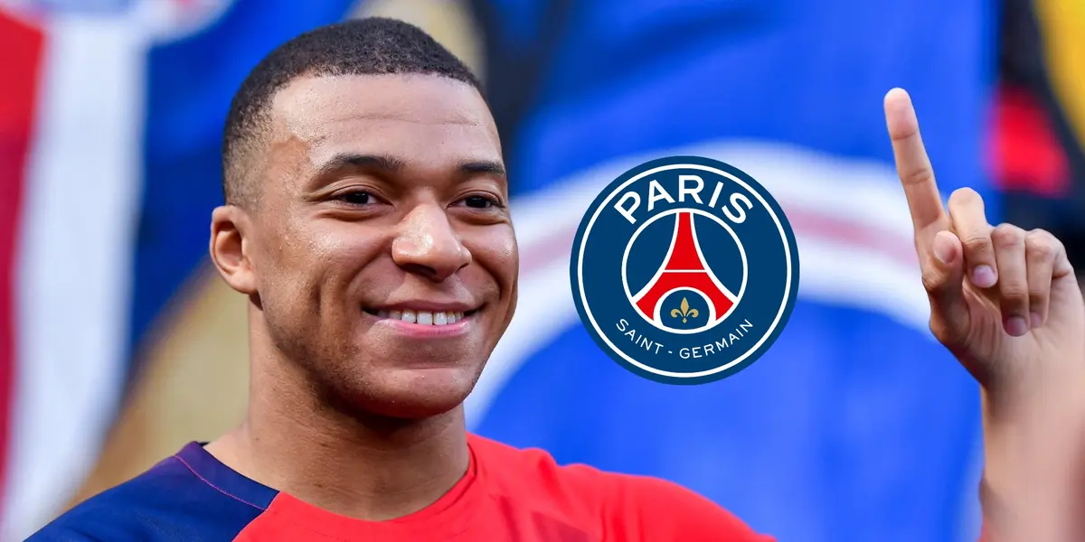 Kylian Mbappé smiles before his last PSG match at the Parc des Princes and the PSG logo on the side.