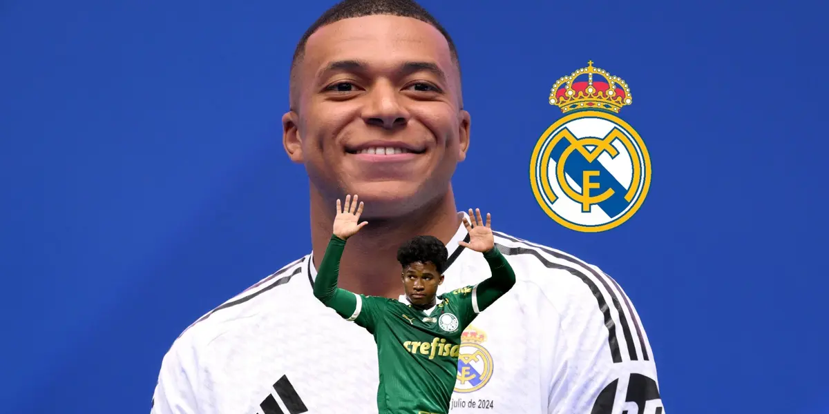 Kylian Mbappé smiles during his Real Madrid presentation and the club badge is next to him while Endrick puts his hands up while wearing the Palmeiras jersey. (Source: REUTERS, Real Madrid X)