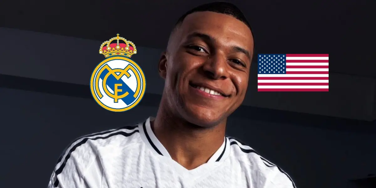 Kylian Mbappé smiles while he poses with the Real Madrid jersey as the Real Madrid badge and the USA flag is next to him. (Source: KM10Zone X)