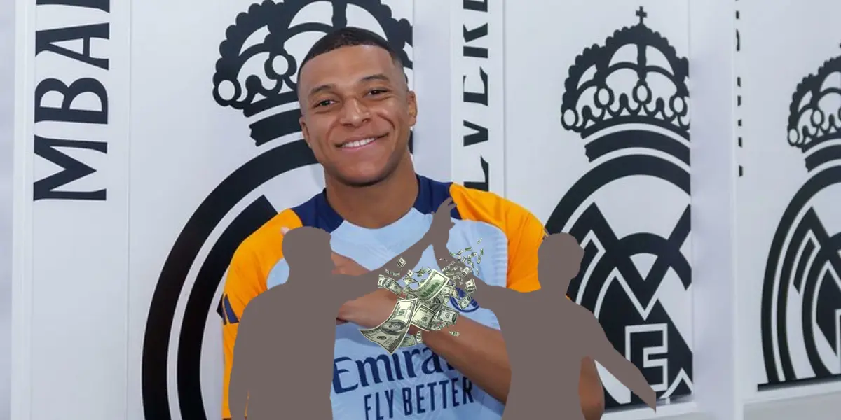 Kylian Mbappé smiles with a training Real Madrid kit at the club locker room while two mystery players celebrate together and money is in between them. (Source: Kylian Mbappé X) 