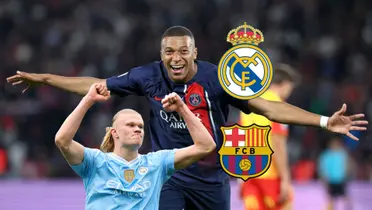 Kylian Mbappé smiles with his arms out and Erling Haaland puts his fists up in the air; the Real Madrid and FC Barcelona badges are next to them.