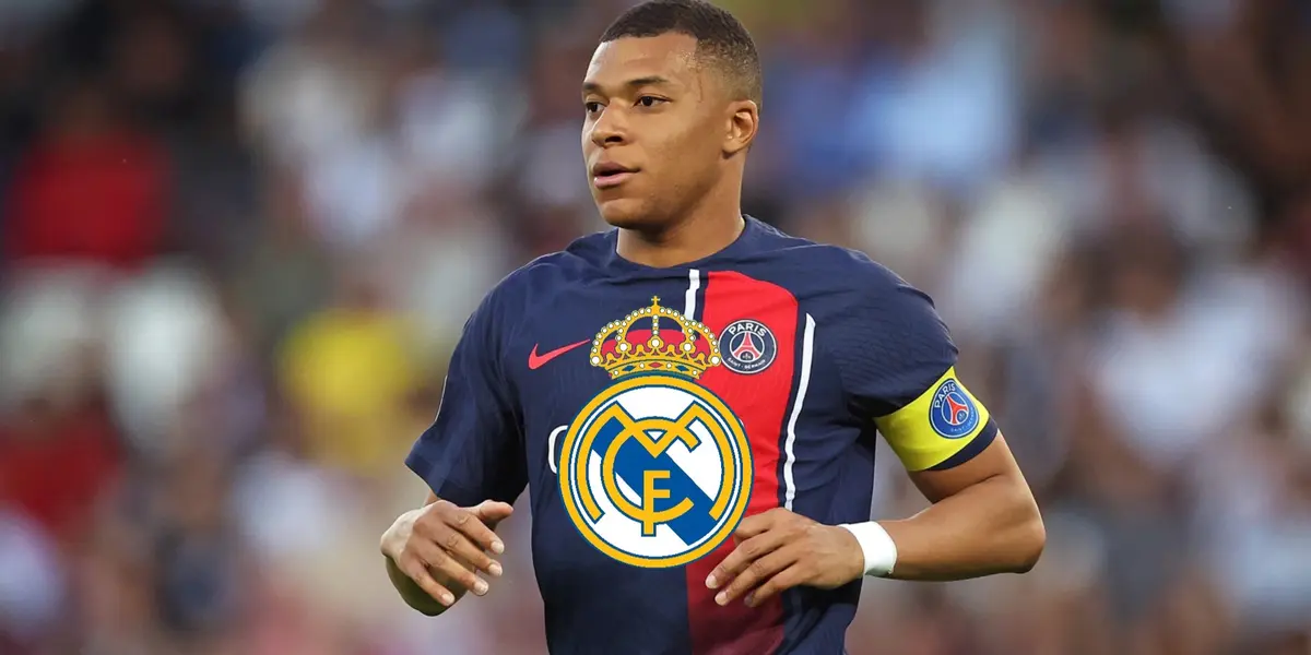 Kylian Mbappé sweating with a PSG jersey on and with the captain armband.