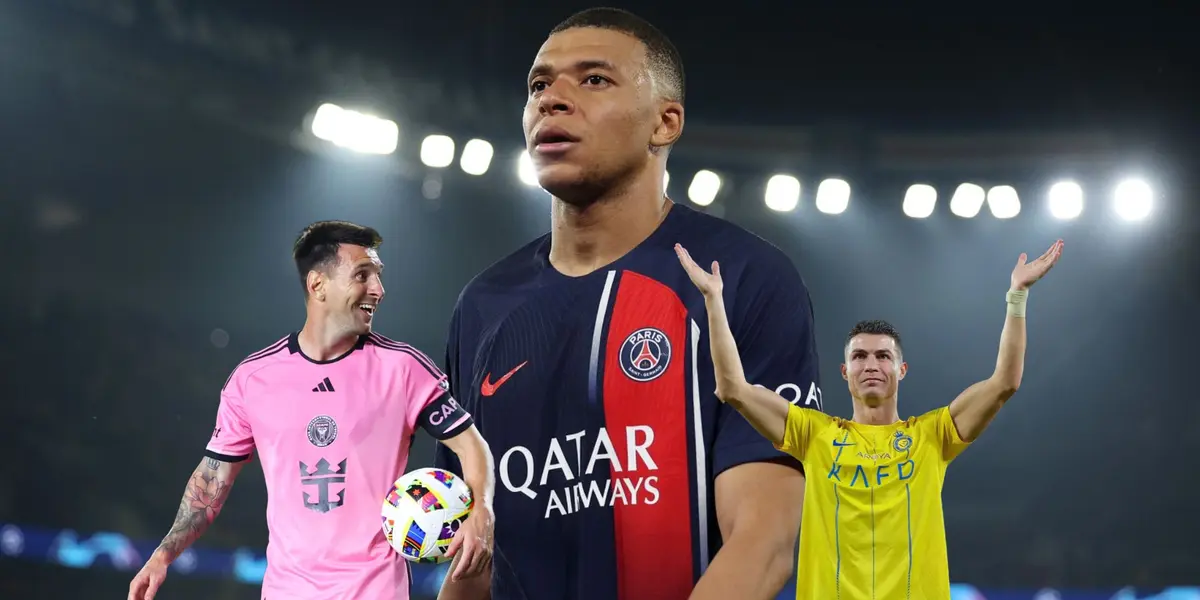 Kylian Mbappé wears a PSG shirt and Lionel Messi smiles while holding a football; Cristiano Ronaldo grins with his hands up high.