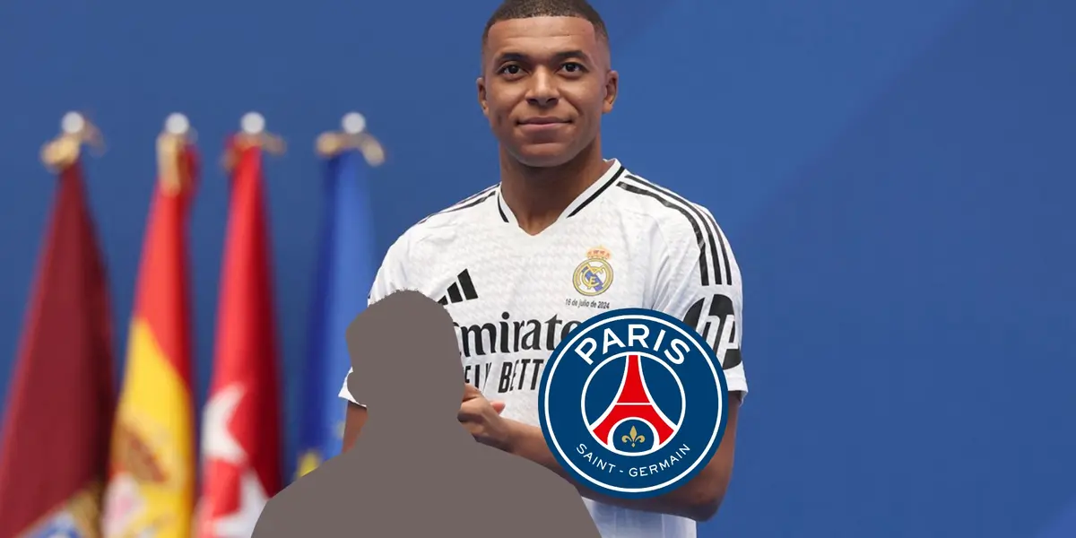 Kylian Mbappé wears the Real Madrid jersey at the Santiago Bernabeu while a mystery player is next to the PSG logo. (Source: Getty Images) 