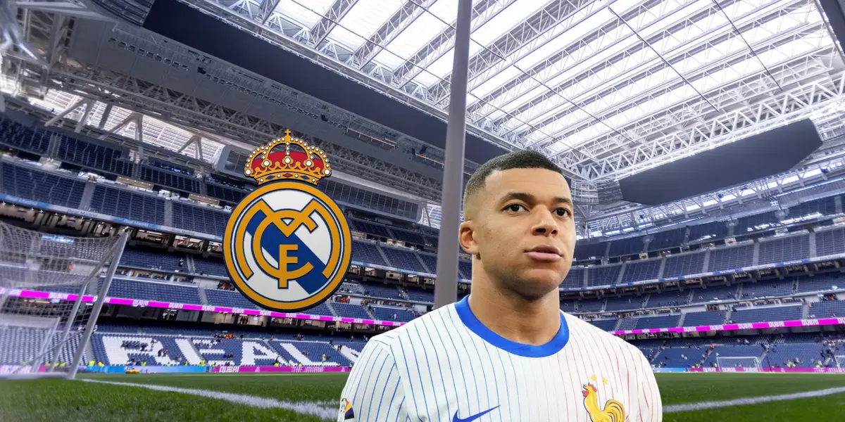 Kylian Mbappé wears the white France jersey with the Real Madrid badge is next to him and the Santiago Bernabeu is empty. (Source: Getty Images, Diario AS)