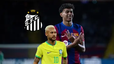 Lamine Yamal celebrates a goal for FC Barcelona while Neymar looks on with a Brazil jersey on and the Santos FC Badge is above him. (Source: FC Barcelona, Getty Images) 