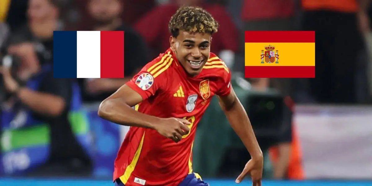 Lamine Yamal celebrates his goal for Spain at the EUROS vs France; the French and Spanish flags are next to him. (Source: UEFA via Getty Images)