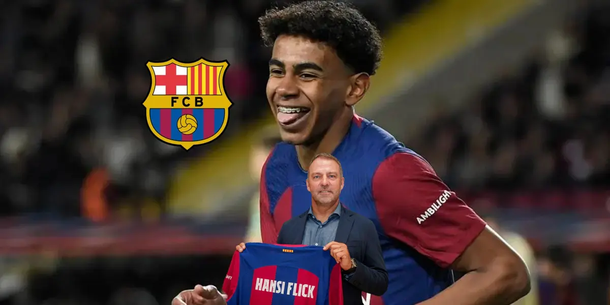 Lamine Yamal smiles as he scored for FC Barcelona while the club badge is next to him and Hansi Flick hold the FC Barcelona shirt. (Source: Getty Images, FC Barcelona)