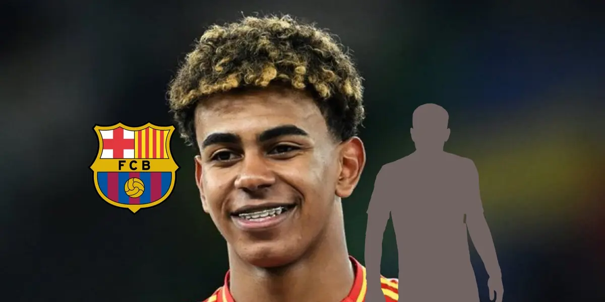 Lamine Yamal smiles with a Spain jersey on as the FC Barcelona badge and a mystery player is next to him. (Source: Getty Images, UEFA)