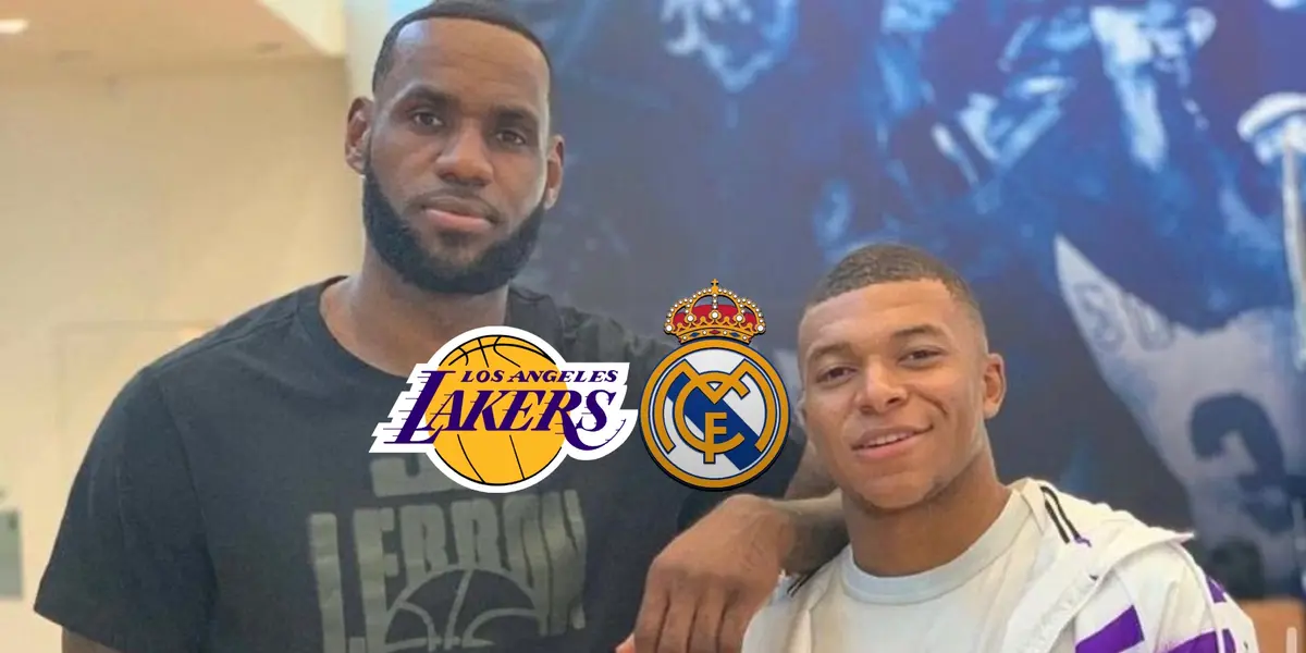 LeBron James and Kylian Mbappé posed together for a picture while the LA Lakers and Real Madrid badges are next to each other. (Source: KM10 Zone X)