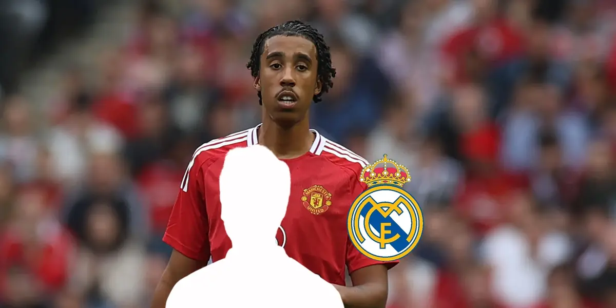 Leny Yoro plays for Manchester United in a friendly while a mystery player is next to the Real Madrid badge. (Source: Getty Images)