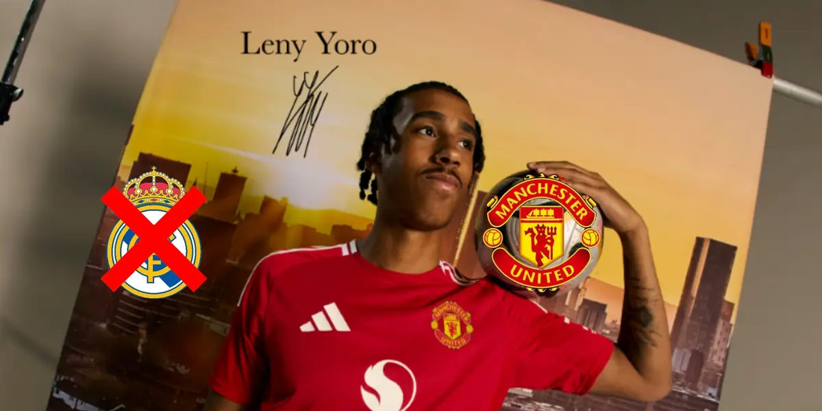 Leny Yoro wears the Manchester United jersey for the first time as the Man United logo is next to him while the Real Madrid badge is crossed out. (Source: Manchester United X)