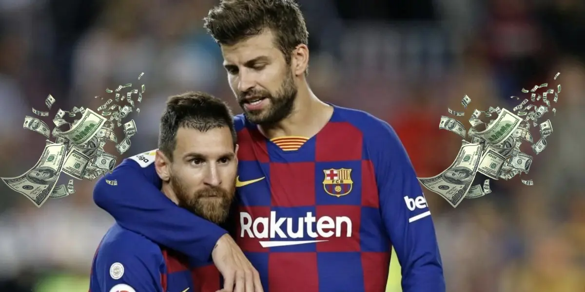 Lionel Messi and Gerard Pique hug each other while wearing the 2019/20 FC Barcelona jersey; flying bills are next to them.