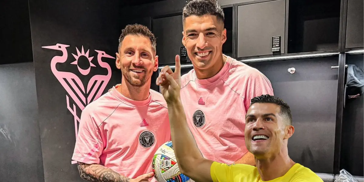 Lionel Messi and Luis Suarez hold a ball together while Cristiano Ronaldo points up with a smile on his face.