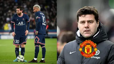 Lionel Messi and Neymar look at the goal wearing the PSG jerseys and Mauricio Pochettino looks serious with a Chelsea jacket on. A Manchester United logo is below him.