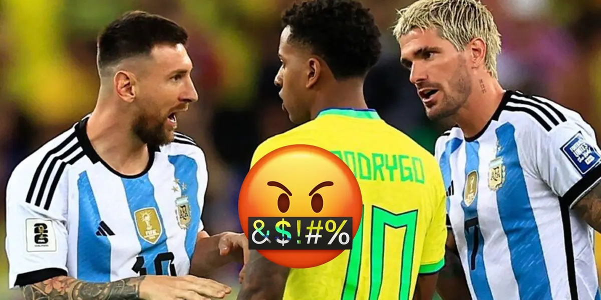 Lionel Messi and Rodrygo are arguing with each other as Rodrigo De Paul is next to them; an angry emoji is in the middle. (Source: MARCA) 