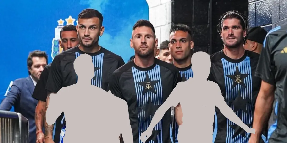 Lionel Messi and the rest of the Argentina national team walk together while two mystery players are below them. (Source: Messi Xtra X)