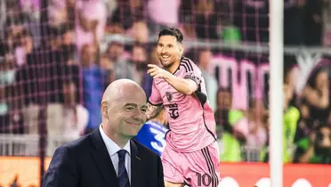 Lionel Messi celebrates his Inter Miami goal while Gianni Infantino smiles.