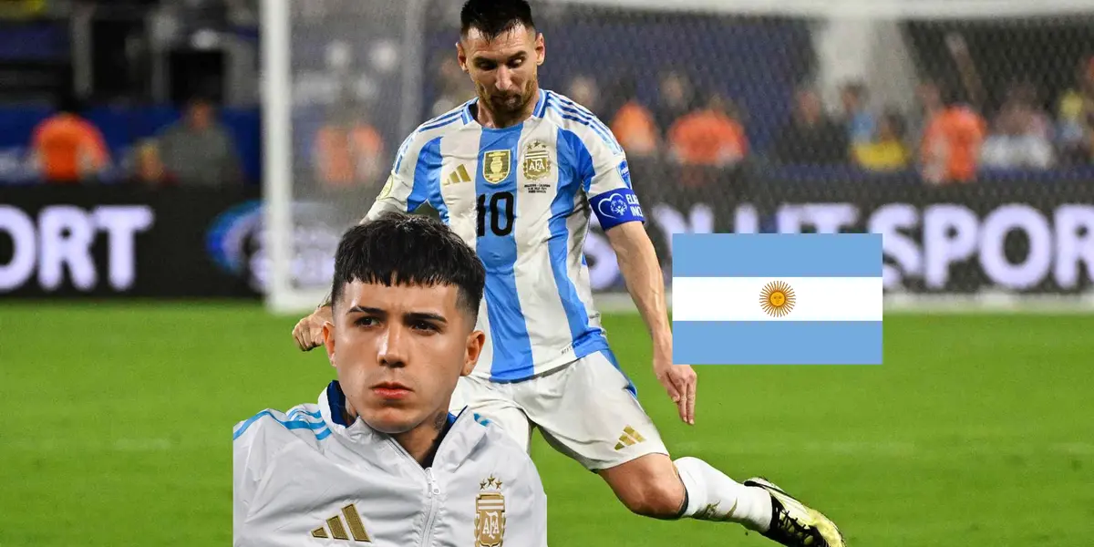 Lionel Messi is about to kick the ball with Argentina while Enzo Fernandez wears the Argentina jacket and the flag is next to him. (Source: Getty Images, X) 