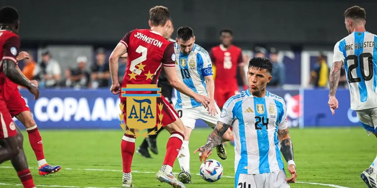 Lionel Messi is about to shoot the ball with Argentina while Enzo Fernandez looks tired with the Argentina jersey on and the Argentina national team badge next to him. (Source: Messi Xtra X)