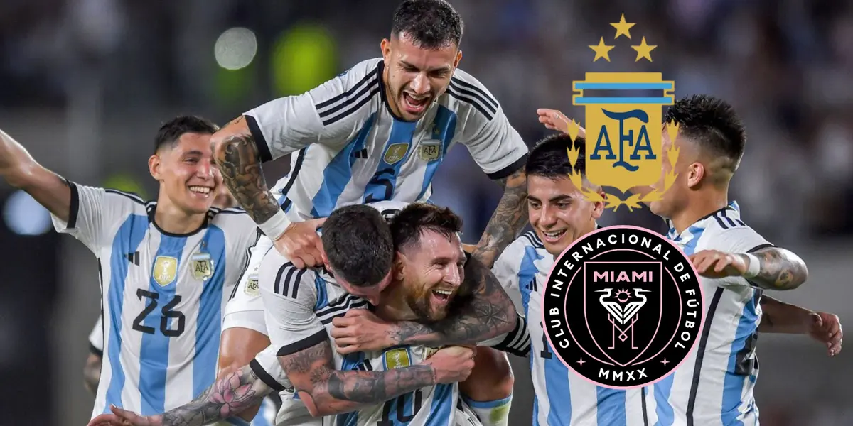 Lionel Messi is hugged by the rest of his Argentina national team teammates while the Argentina national team and Inter Miami badge is next to them.