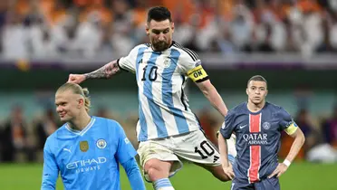 Lionel Messi is set to kick the ball as he wears the Argentina jersey; Erling Haaland smiles with the Man City jersey on while Kylian Mbappé looks serious wearing a PSG jersey.