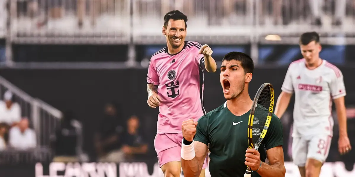 Lionel Messi is smileing and pointing while wearing an Inter Miami jersey while Carlo Alcaraz screams with joy holding a tennis racket.