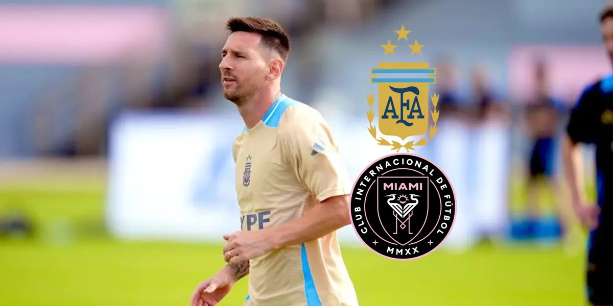 Lionel Messi is training with the training kit of Argentina as the Inter Miami and the Argentina national team badges are next to him.