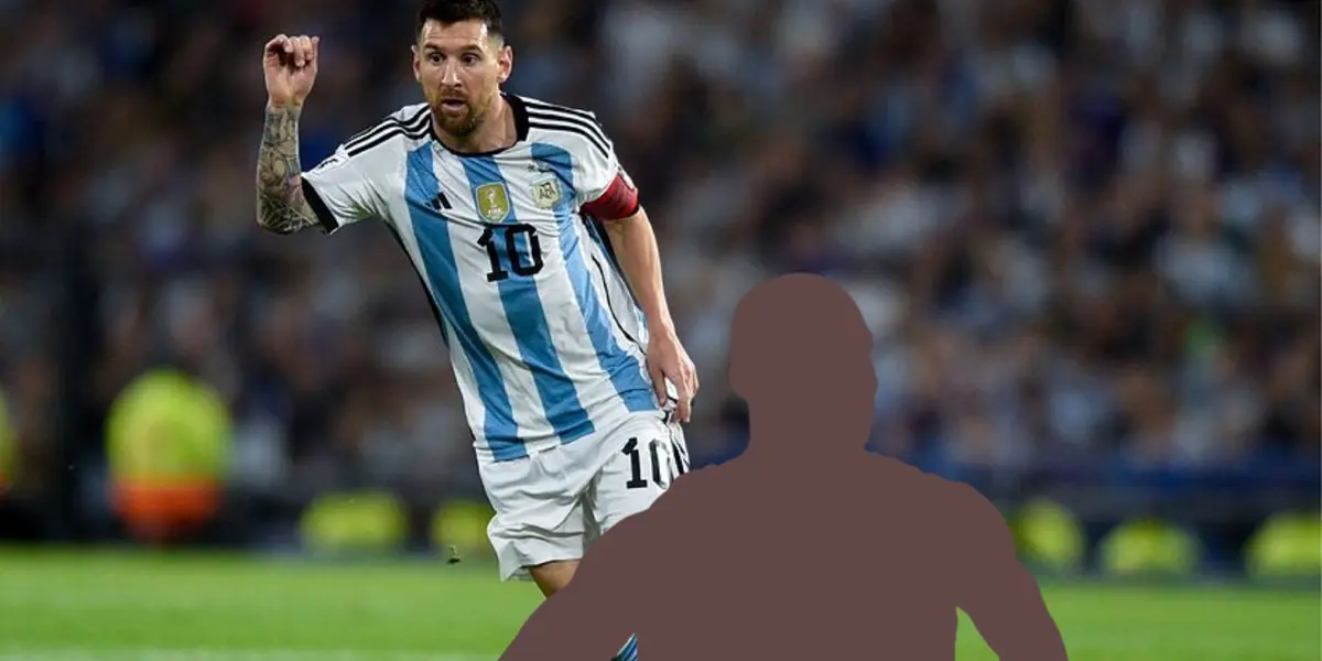 Lionel Messi looks at the pitch with an Argentina jersey on and a mystery athlete is near him.