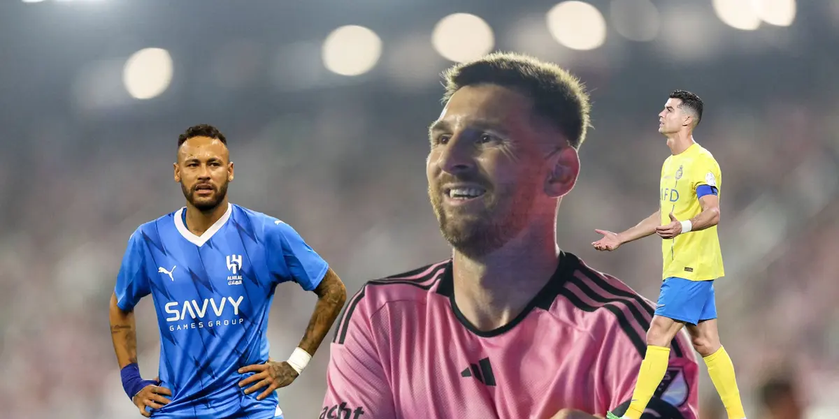 Lionel Messi looks concerned wearing an Inter Miami jersey while Neymar puts his hands on his hips with an Al Hilal jersey and Cristiano Ronaldo puts his hands out with an Al Nassr jersey.