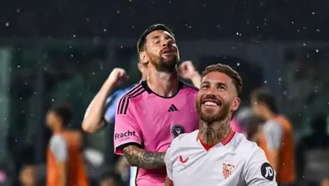 Lionel Messi looks disappointed while wearing the Inter Miami jersey and Sergio Ramos smiles while wearing a Sevilla jersey.