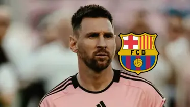 Lionel Messi looks serious as he wears the Inter Miami jersey and the FC Barcelona logo is next to him.