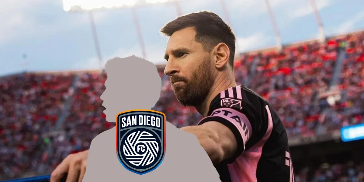 Lionel Messi looks serious while the mystery player has the San Diego FC badge on him.