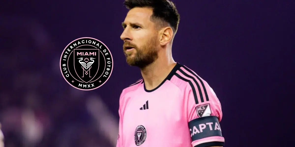 Lionel Messi looks serious with the Inter Miami jersey as the Inter Miami badge is next to him. (Source: MLS)