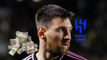 Lionel Messi looks to his side as the Al Hilal badge is next to him and the stack of money is also next to him.