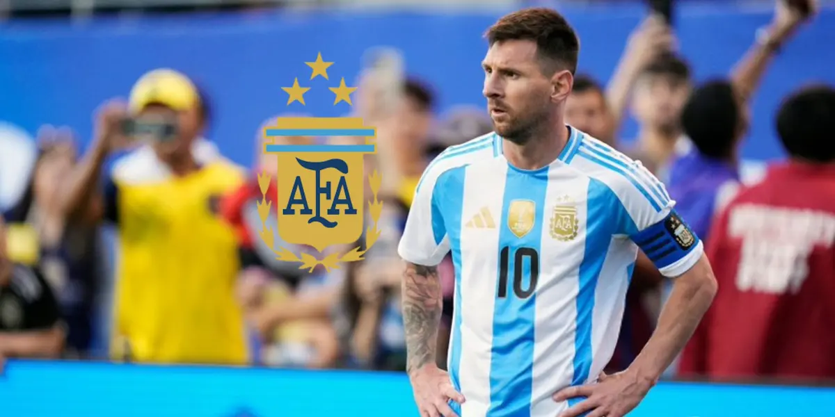 Lionel Messi looks to the side with his hands on his hips while wearing the Argentina national team jersey and the Argentina national team badge is next to him.