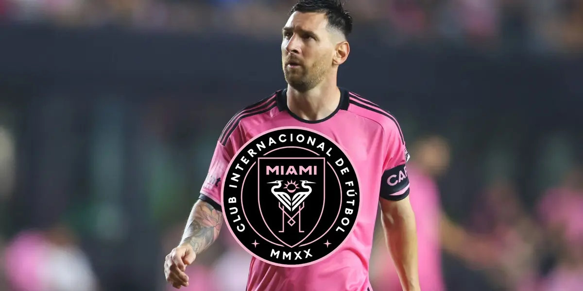 Lionel Messi looks up while wearing an Inter Miami jersey and an Inter Miami badge in the middle.