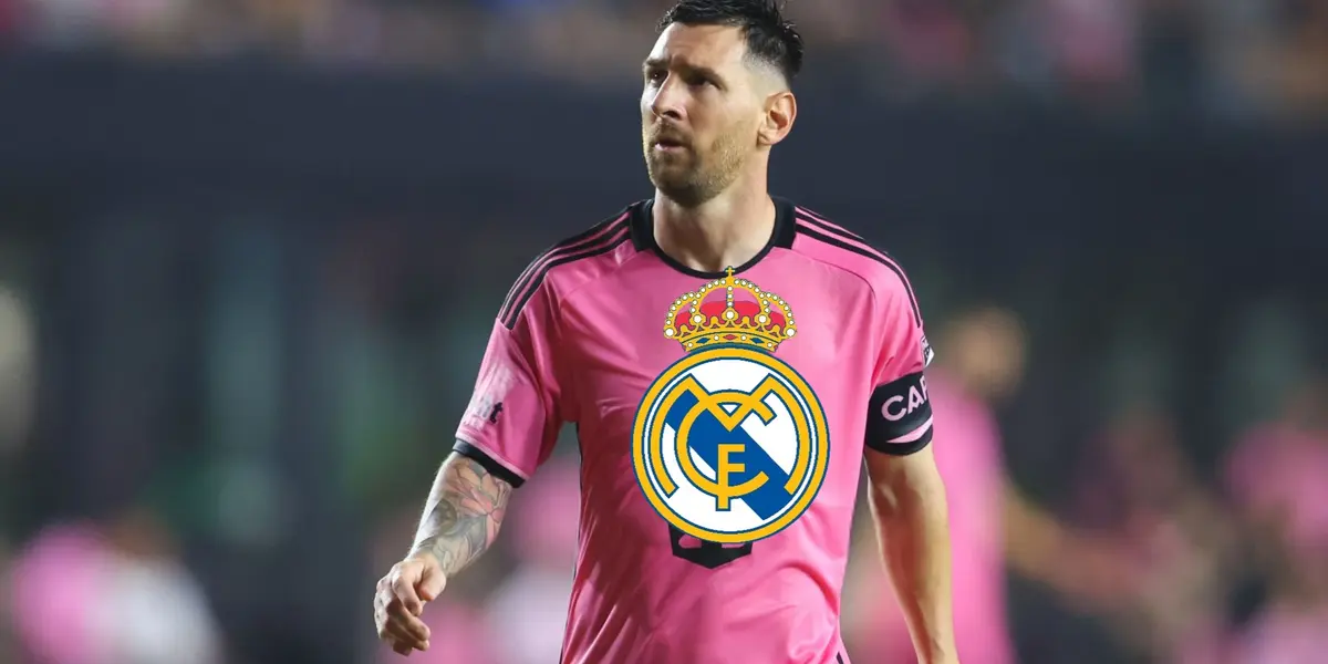 Lionel Messi looks up while wearing an Inter Miami jersey and the Real Madrid badge is below him.