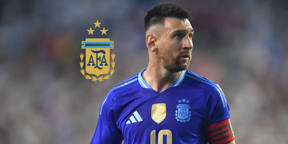 Lionel Messi looks up while wearing the away Argentina jersey and the Argentina national team badge is next to him. (Source: Messi Xtra X) 