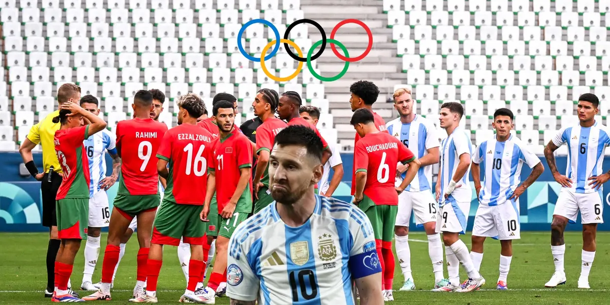 Lionel Messi looks upset with the Argentina jersey while the Morocco and Argentina players are on the pitch with no fans. (Source: BR Football) 