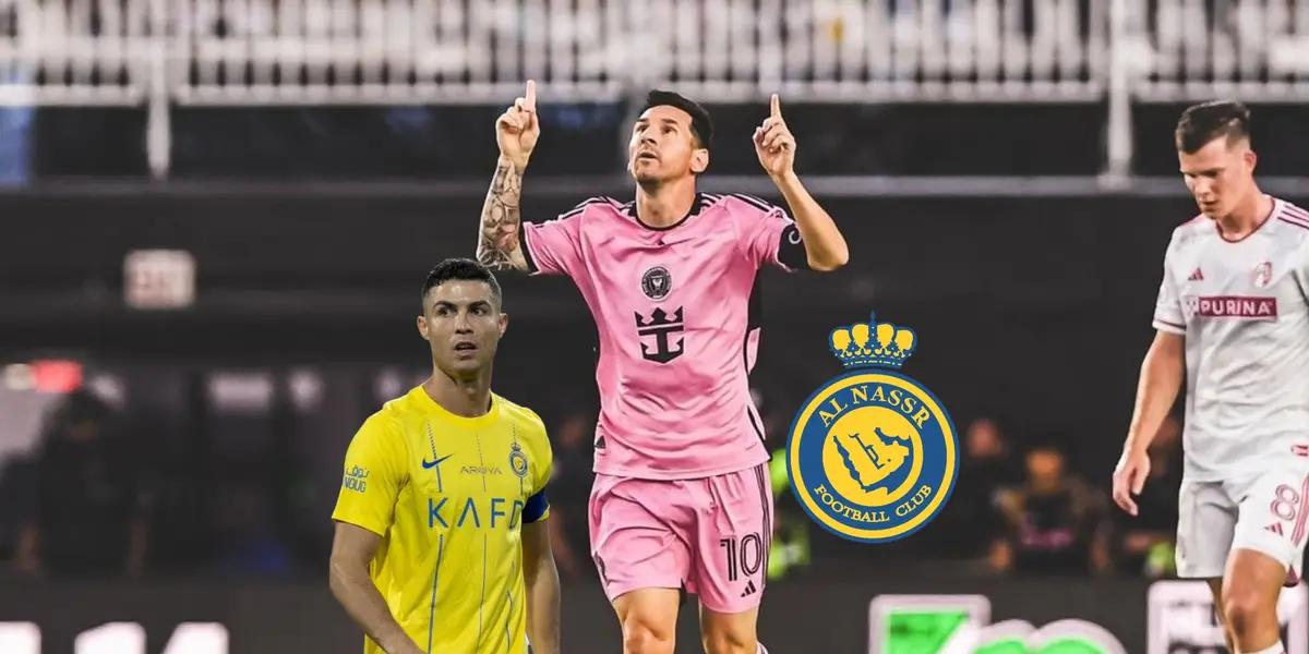 Lionel Messi points to the sky while Cristiano Ronaldo looks to the side and the Al Nassr logo is next to him.