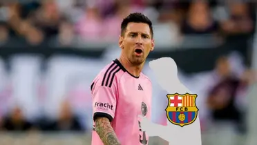 Lionel Messi shouts while wearing an Inter Miami jersey and a mystery player has the FC Barcelona badge on him.