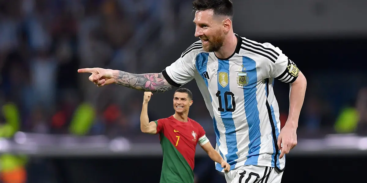 Lionel Messi smiles as he points and wears the Argentina national team jersey and Cristiano Ronaldo smiles with a fist in the air and wears the Portugal national team jersey.