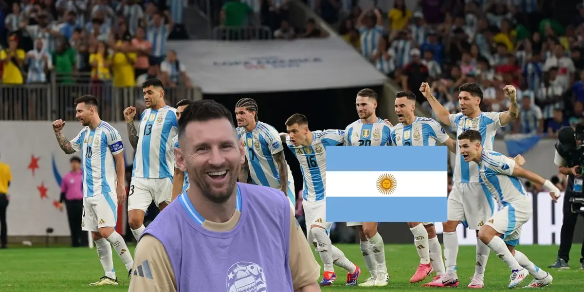 Lionel Messi smiles during training as the Argentina flag is next to him and in the background is the Argentina national team celebrating. (Source: Messi Xtra X)