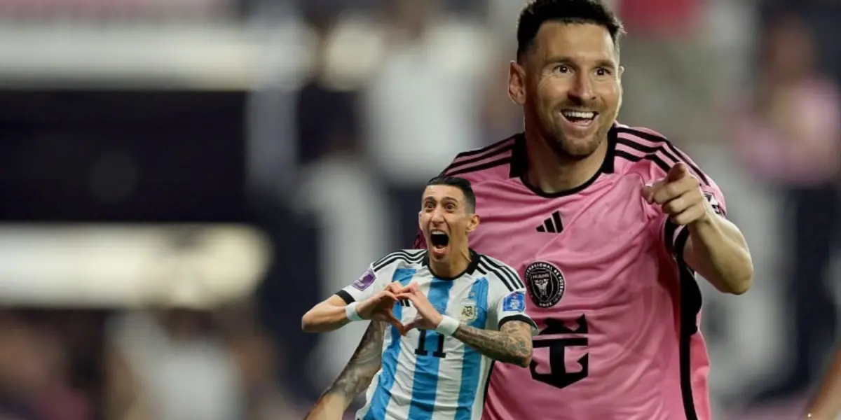 Lionel Messi smiles while wearing an Inter Miami jersey and Angel Di Maria celebrates with a heart gesture with his hands, while wearing the Argentina jersey.